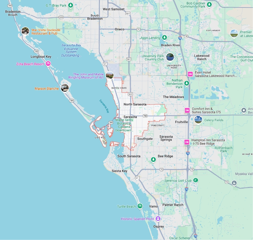 Sarasota FL map for lanai and screen enclosure services
